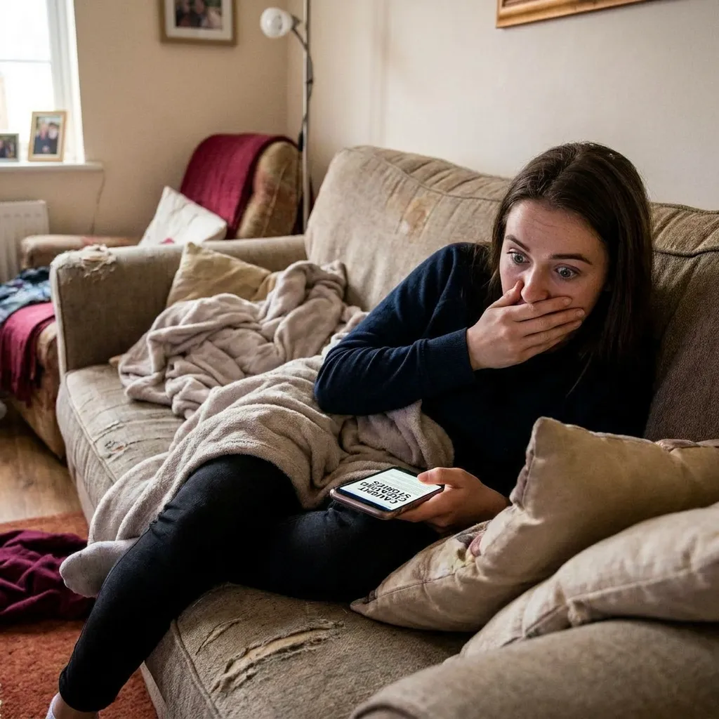 A young woman looking shocked while checking her phone on the couch, depicting the ultimate reaction to caught cheating stories