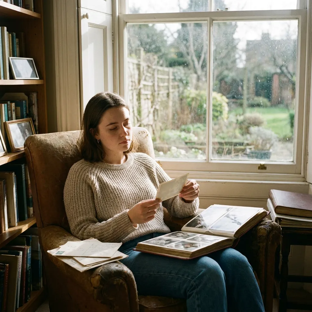Young woman sitting in a cozy leather armchair by a bright window, thoughtfully looking through an old vintage family photo album.