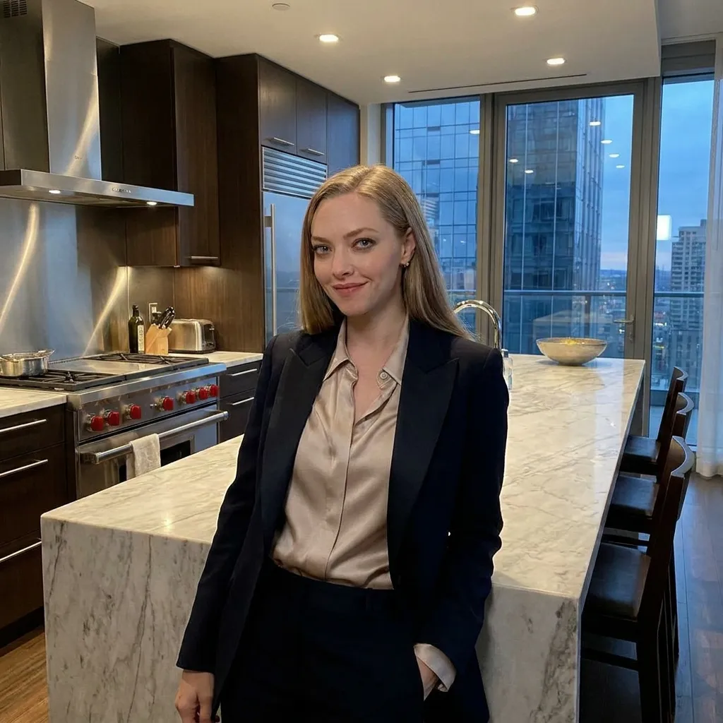 Amanda Seyfried smiling in a modern luxury kitchen wearing a navy blue suit blazer and champagne silk button-down shirt standing next to a marble island