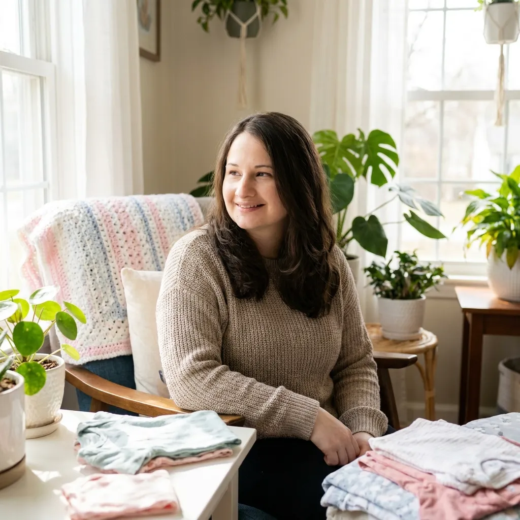 A smiling woman wearing a beige knit sweater sitting in a sunlit room filled with indoor houseplants, looking out a window while folding pastel-colored baby clothes.