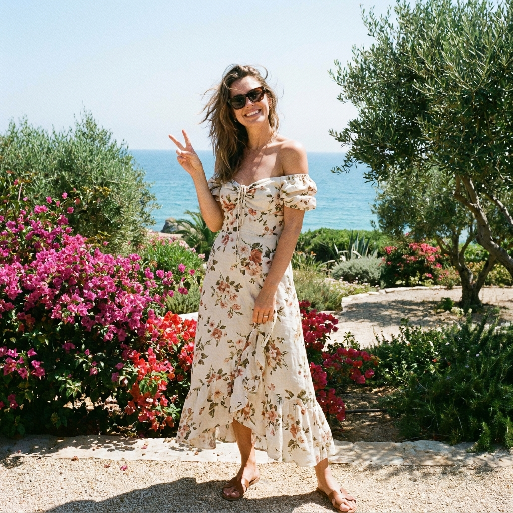 Woman smiling outdoors in a chic, breezy summer dress making a peace sign