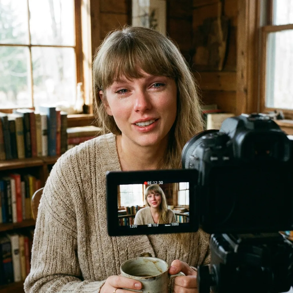 Emotional Taylor Swift holding a rustic mug and recording a video vlog on a digital camera in a cozy cabin room filled with bookshelves