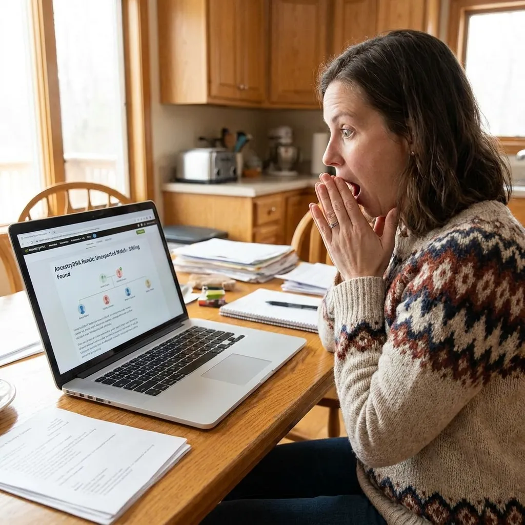 A close-up of a woman looking incredibly shocked and emotional while staring at a glowing laptop screen.