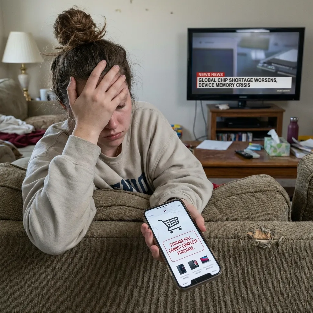 A frustrated young woman sitting on her couch, staring at an expensive shopping cart on her phone during the global smartphone memory crisis