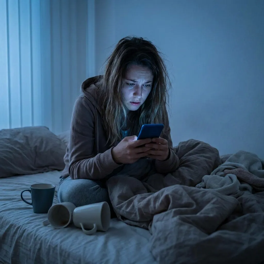 A young woman experiencing nervous system burnout and anxiety associated with high-masking autism in women, looking at her phone in a dark room.