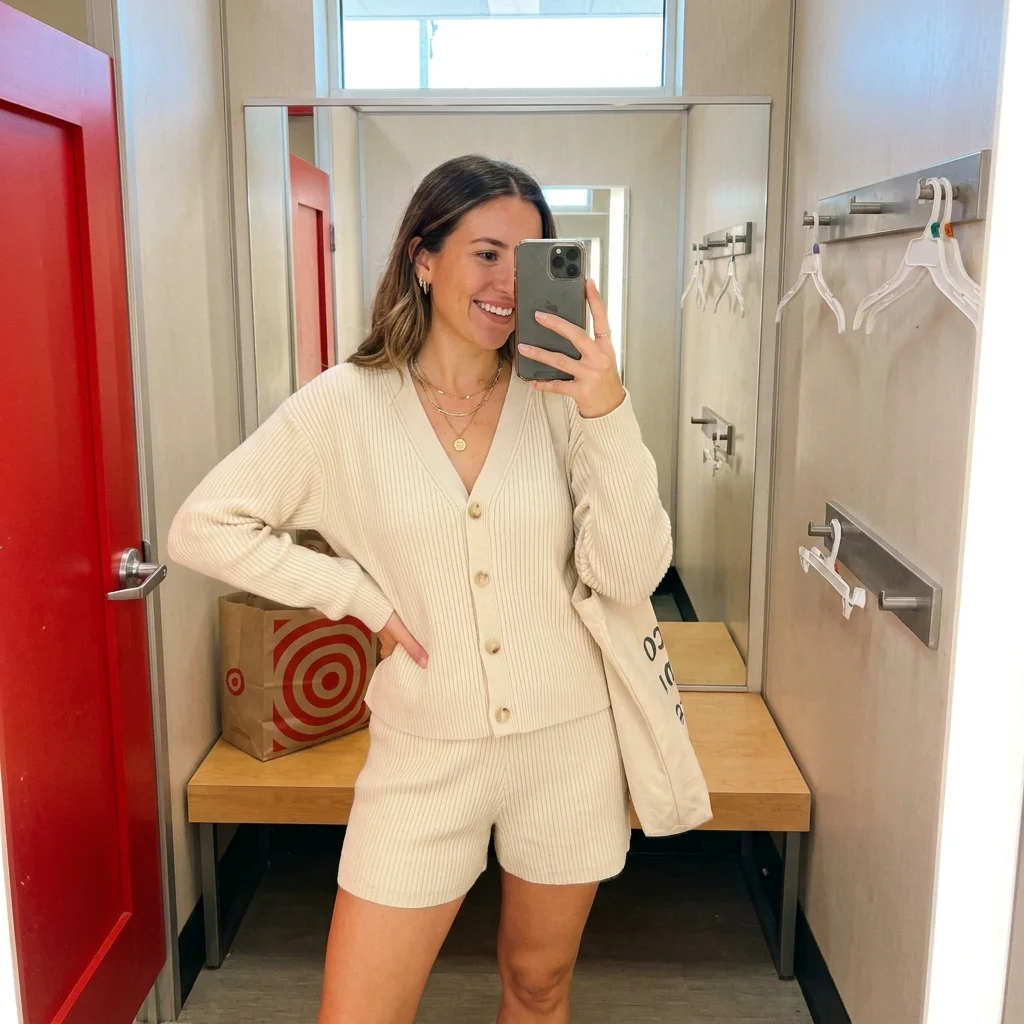 A woman taking a mirror selfie in a Target fitting room wearing a chic cream-colored matching knit shorts set.