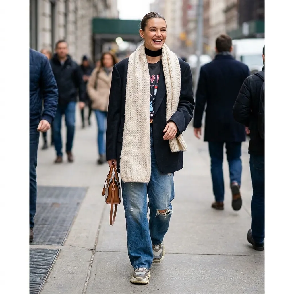 Woman walking confidently wearing a mix of modern apparel and the top fashion microtrends people still love, including a black velvet choker and an oversized knit scarf.