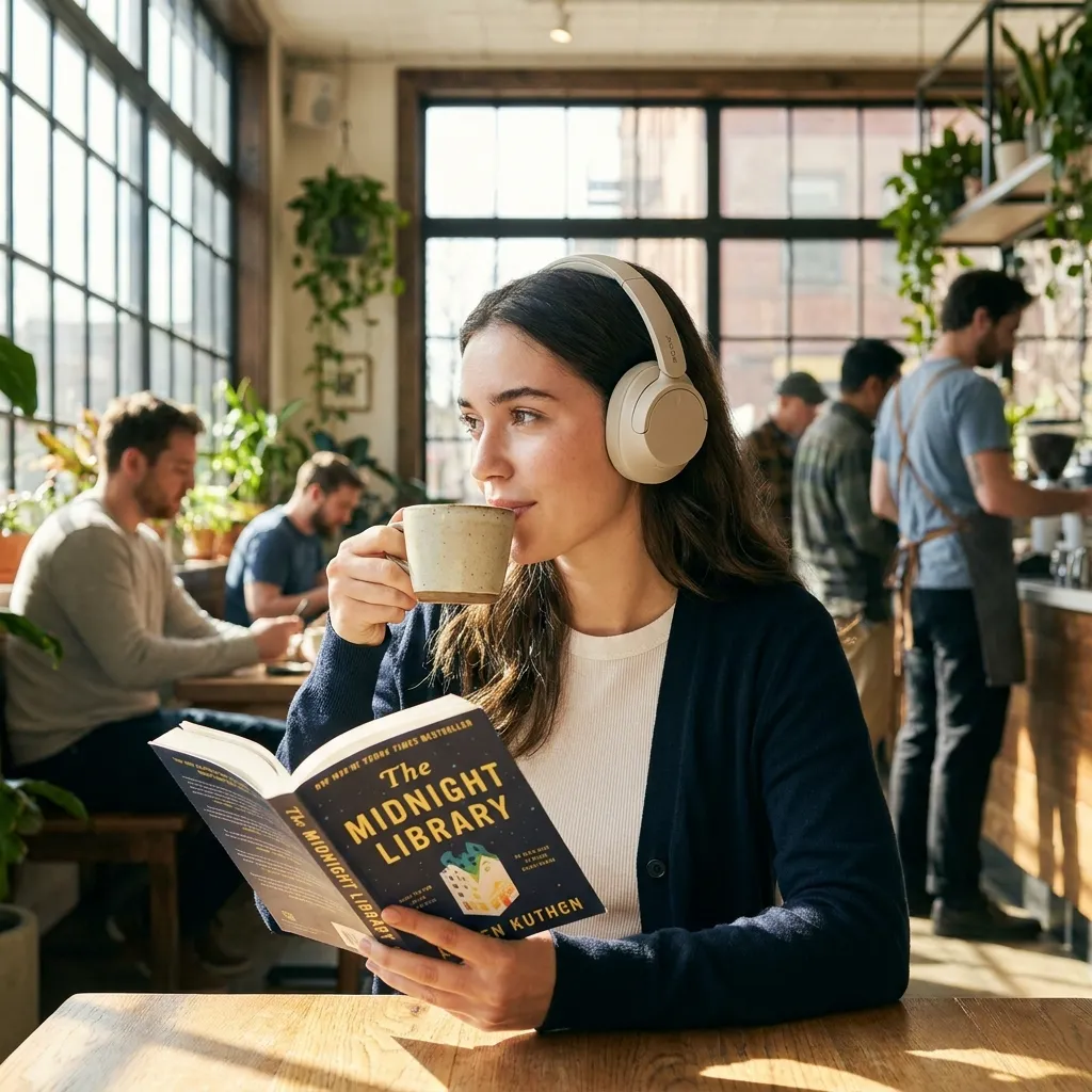 Affordable Sony WH-CH720 ANC headphones being worn by a young woman reading a book in a sunlit coffee shop
