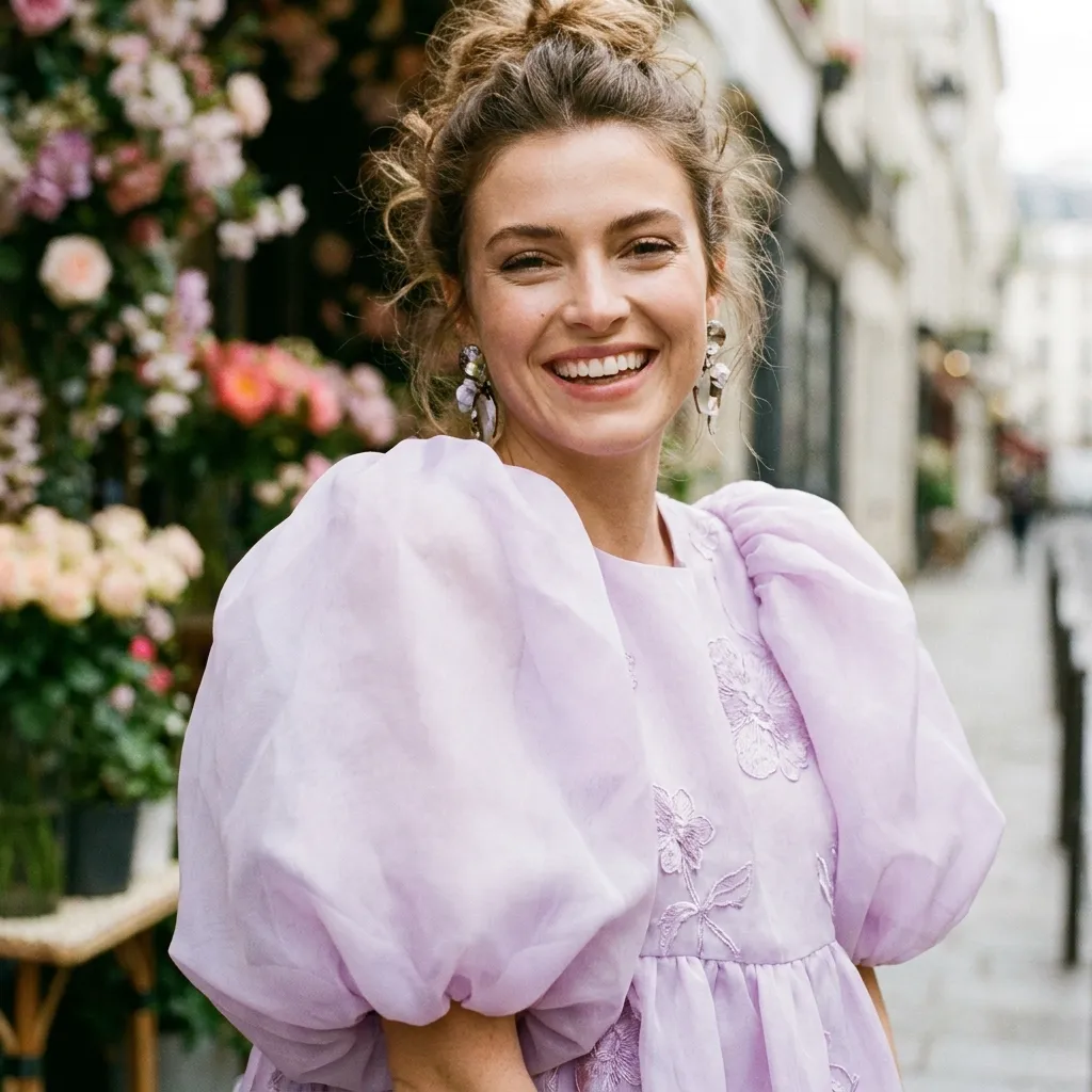 A smiling woman modeling an exaggerated puff sleeve blouse, representing the romantic and cozy styles that continue to dominate street fashion.