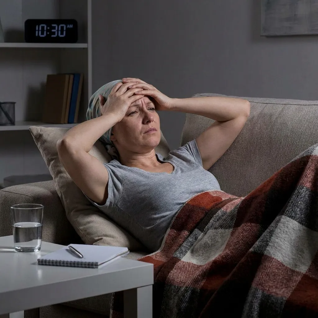 A woman experiencing a severe positional headache sits on a dimly lit couch at night, pressing her hands to her temples in pain.