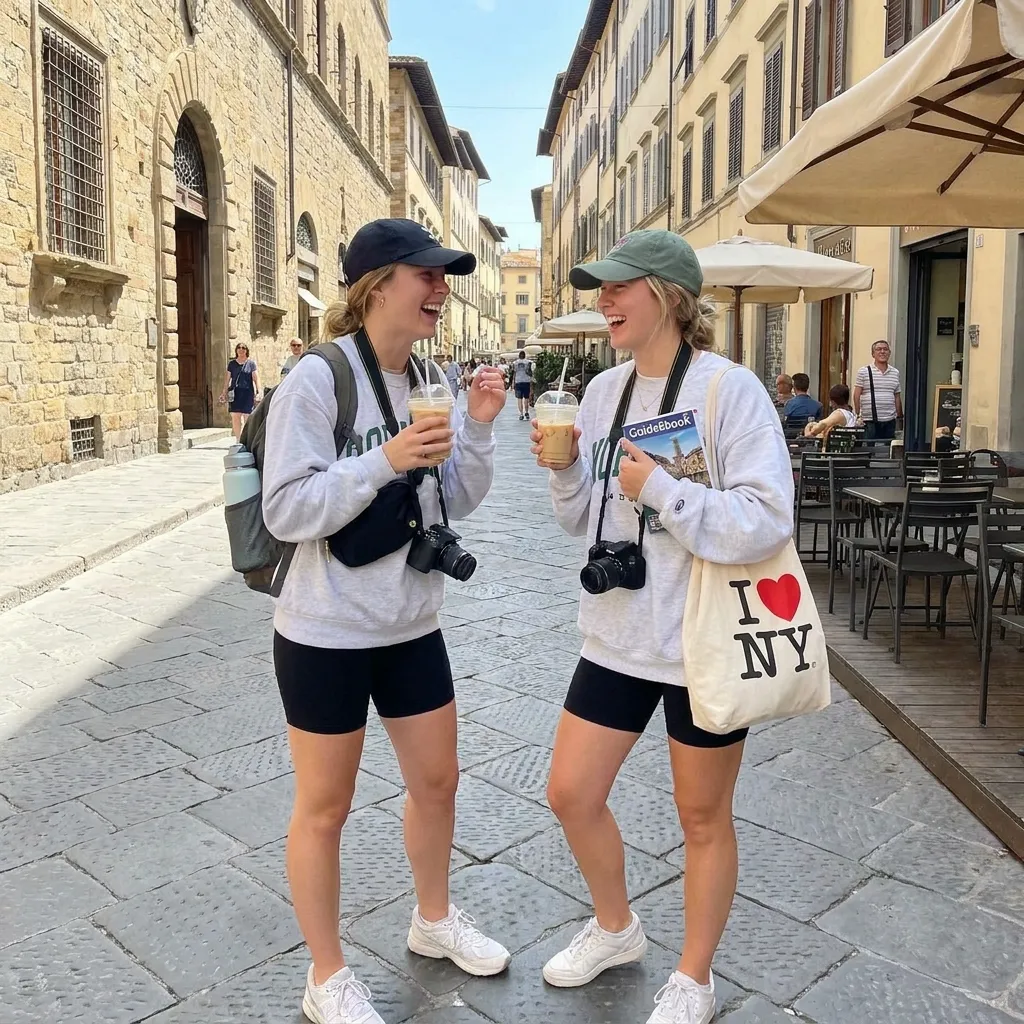 Two laughing women holding iced coffees, wearing matching grey sweatshirts and black biker shorts on a European cobblestone street.
