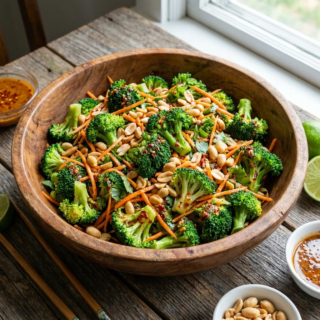 A large wooden bowl filled with crisp Thai broccoli salad, shredded carrots, and peanuts tossed in a spicy almond dressing.
