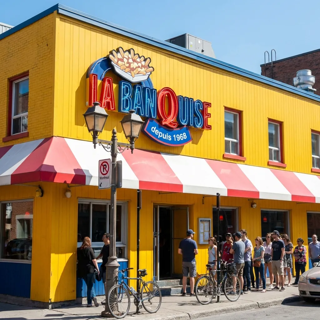 Exterior view of the iconic La Banquise 24-hour poutine restaurant in Montreal on a sunny day, showcasing its bright yellow facade, red and white striped awnings, historic neon sign reading 'La Banquise depuis 1968', and a line of eager customers waiting outside.