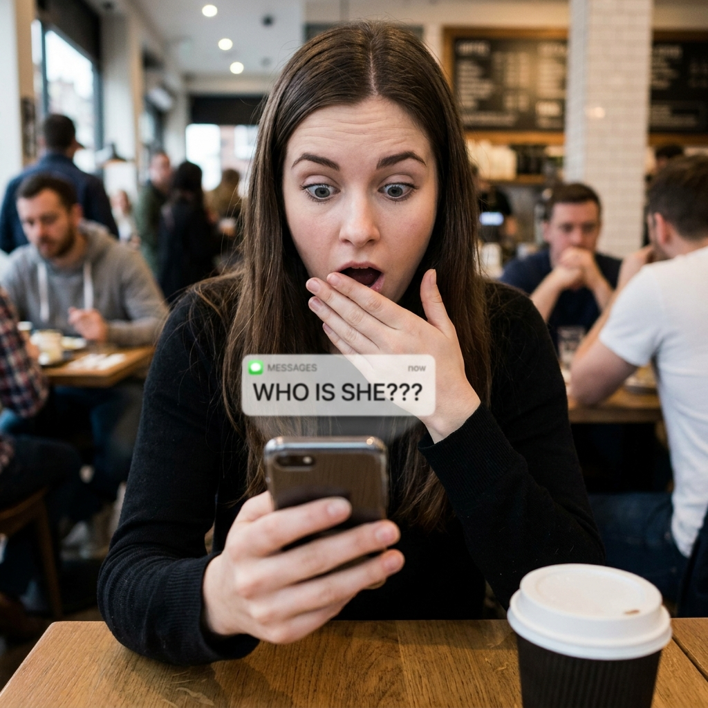Shocked young woman sitting in a cafe, gasping at a smartphone text message notification overlay that reads WHO IS SHE??