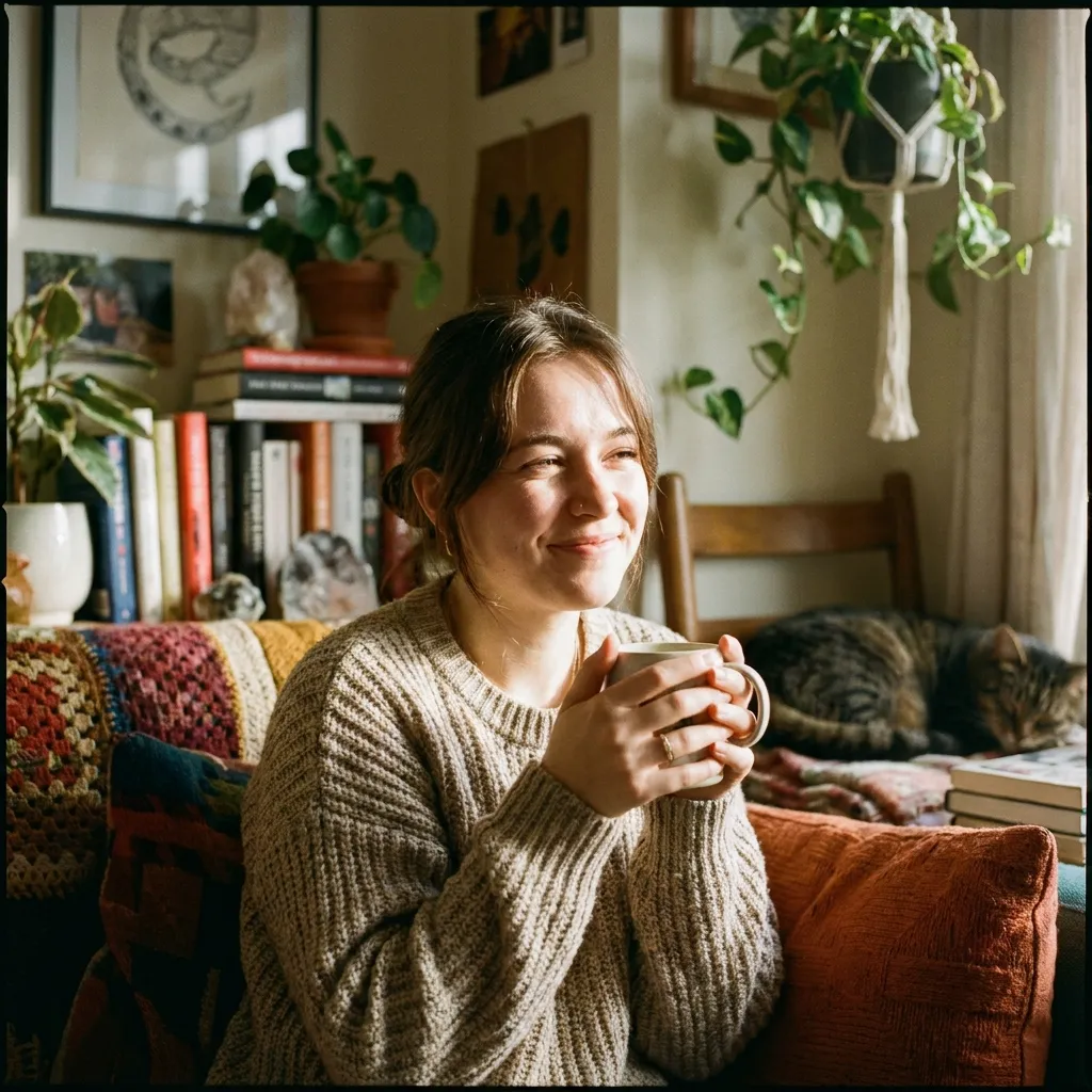 A happy, relieved woman who has embraced her neurodivergence and healed from the burnout caused by high-masking autism in women.