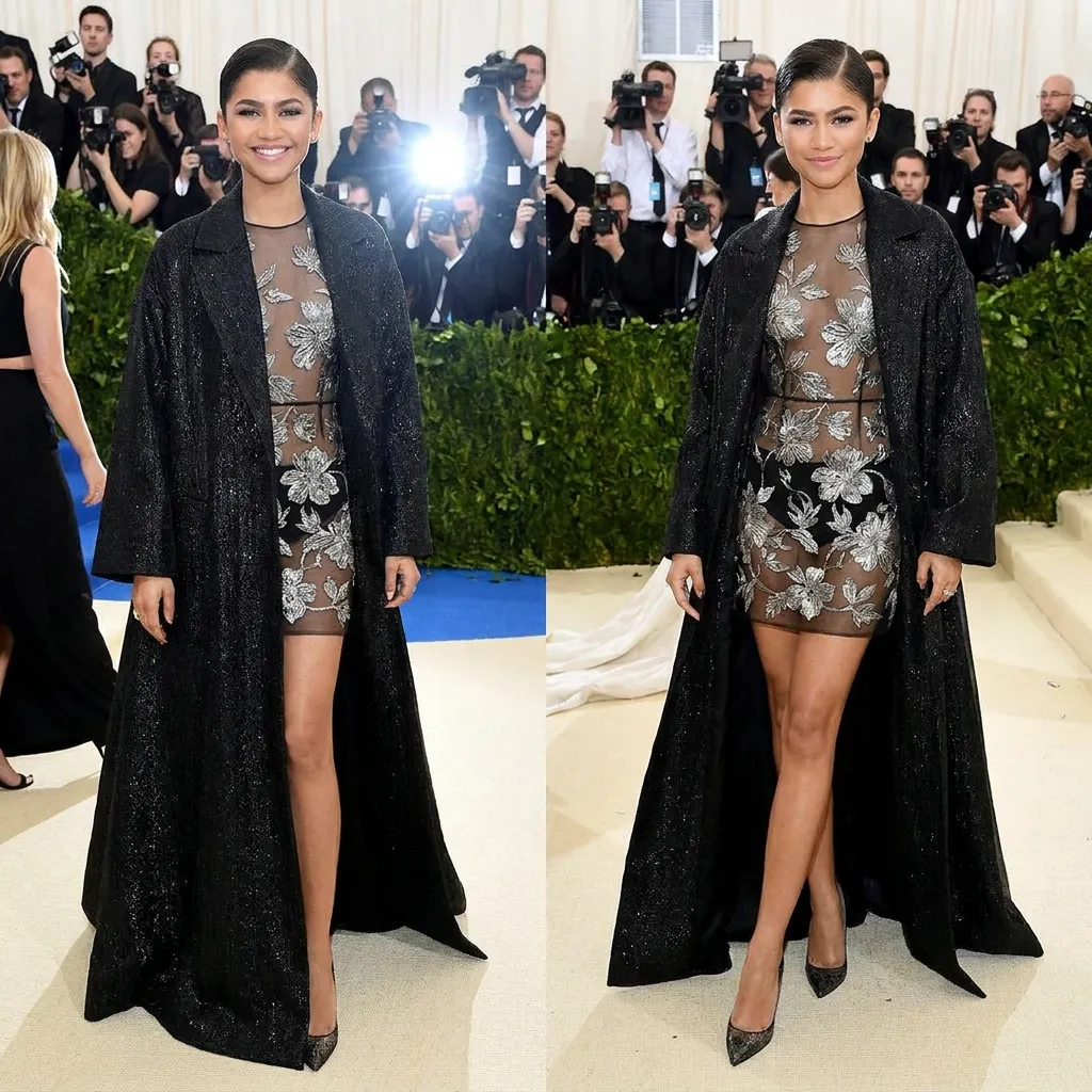 Zendaya on the red carpet wearing a black lurex opera coat over a sheer minidress with silver metallic flowers