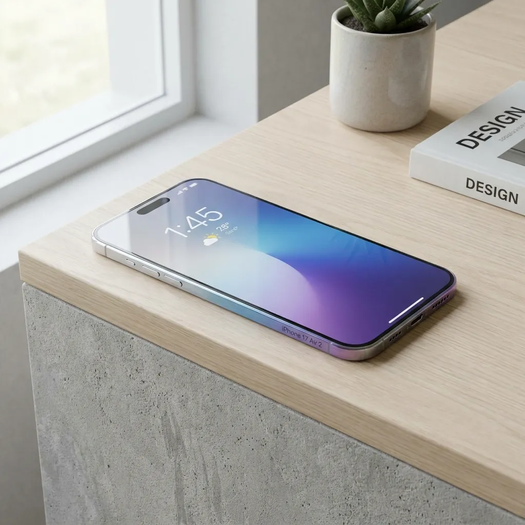 An illuminated smartphone concept, featuring 'iPhone 17 Air 2' engraved on the side, lying flat on a light wooden desk displaying a blue and purple gradient lock screen. A window, small potted plant, and a book titled 'DESIGN' are in the background.