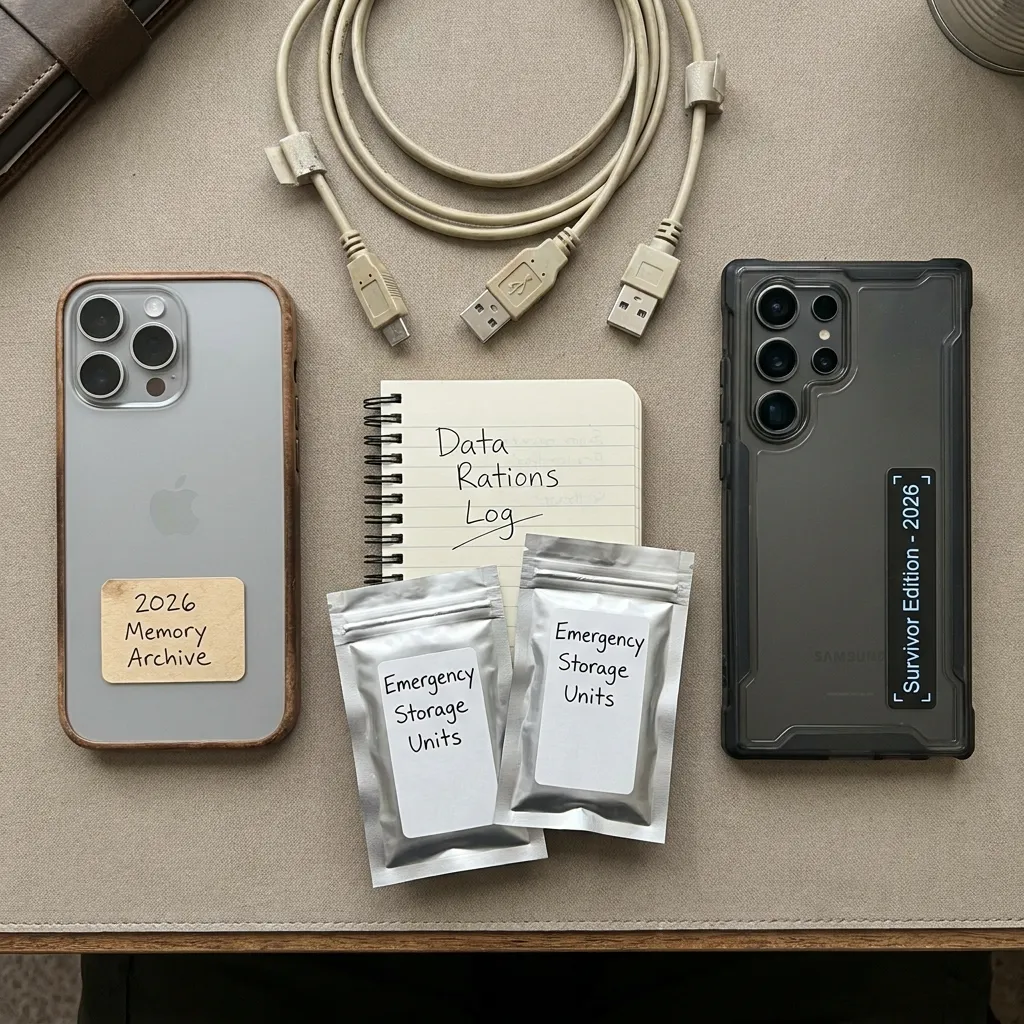 A side-by-side aesthetic flat lay of an Apple iPhone and a Samsung Galaxy, representing the two tech brands surviving the 2026 smartphone memory crisis