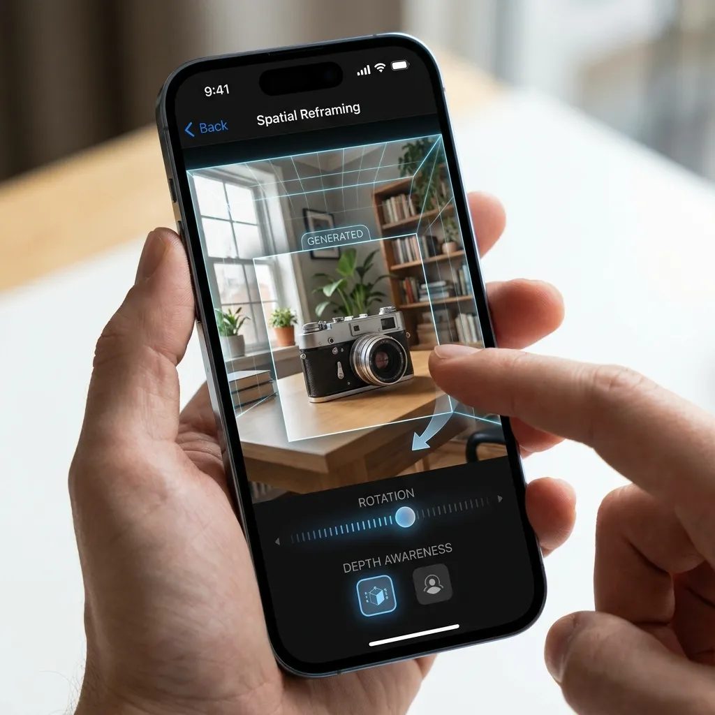 An iPhone displaying the Spatial Reframing interface in iOS 27, highlighting a subject being slightly rotated to reveal newly generated background details