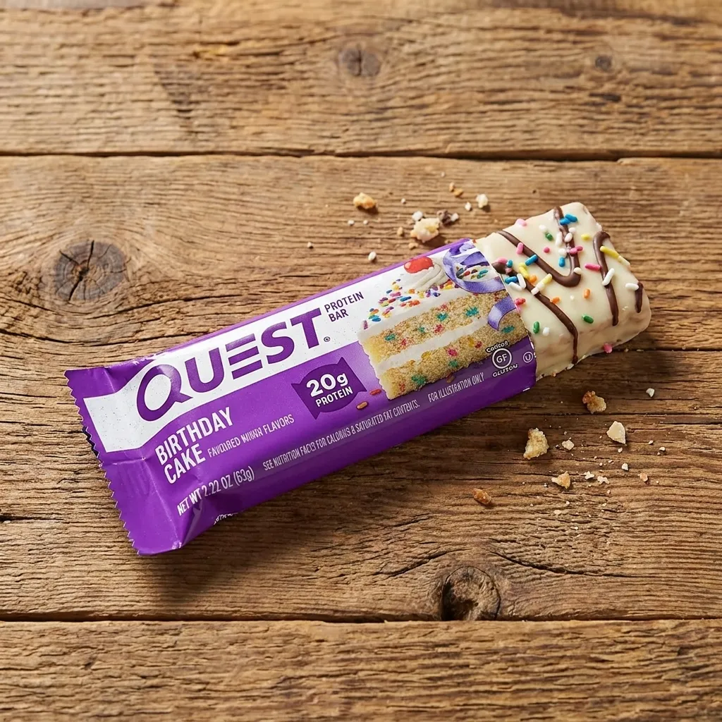 Quest birthday cake flavored protein bar with white icing and colorful sprinkles partially unwrapped on a wooden table