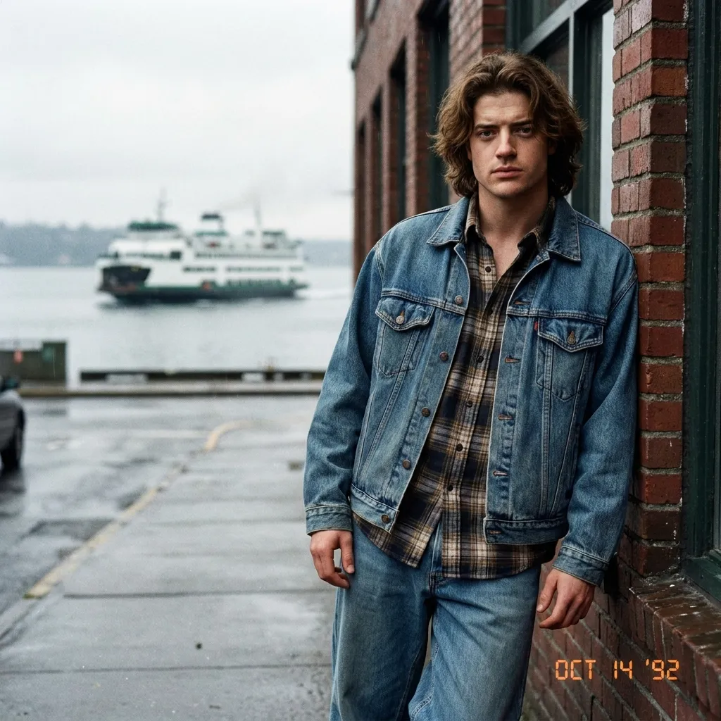 1990s male fashion model wearing a vintage denim jacket and plaid shirt leaning against a brick building with a ferry boat in the background