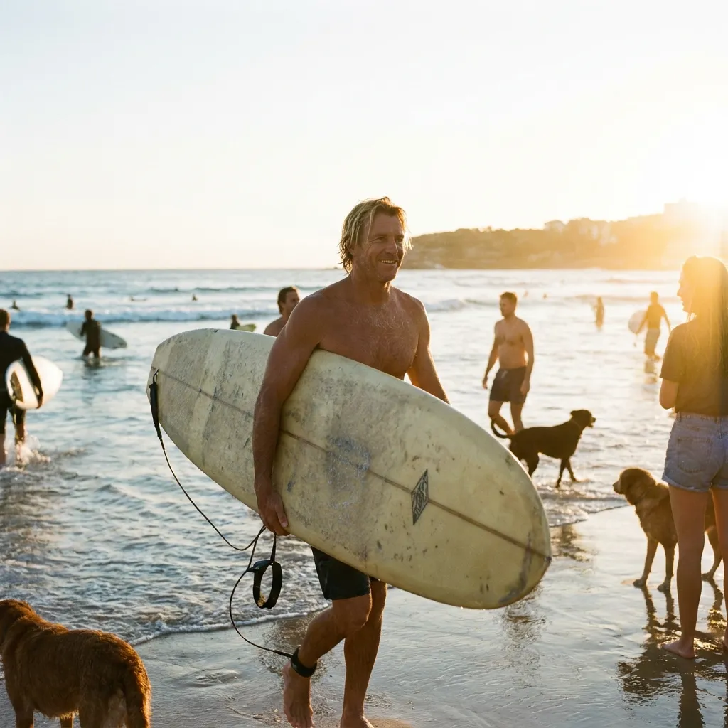 Smiling male surfer carrying a weathered surfboard walking out of the ocean waves onto a crowded beach at sunset