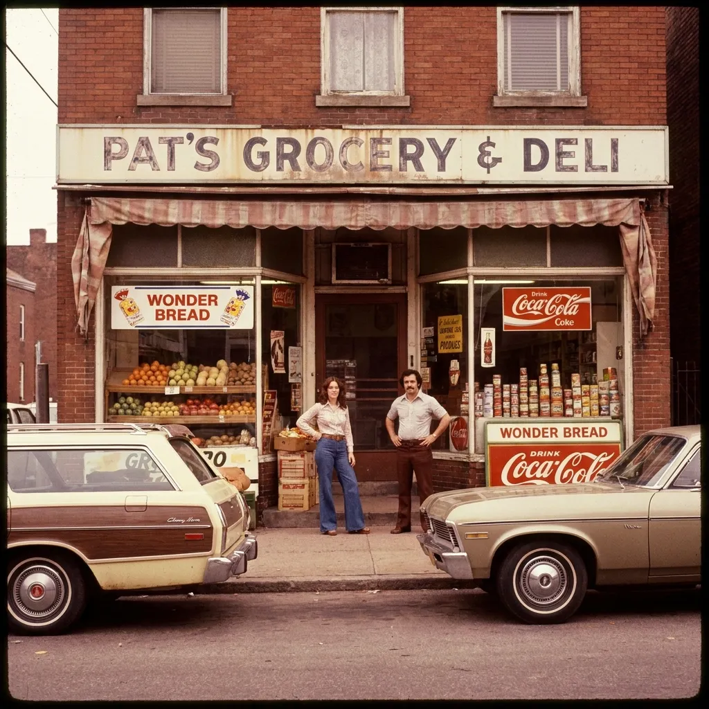 Vintage 1970s photograph of a man and woman standing outside Pat's Grocery and Deli storefront featuring retro signage and classic cars parked out front
