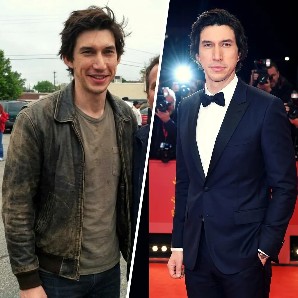 Actor Adam Driver split screen comparing casual street style in a brown leather jacket to formal red carpet attire in a navy blue tuxedo