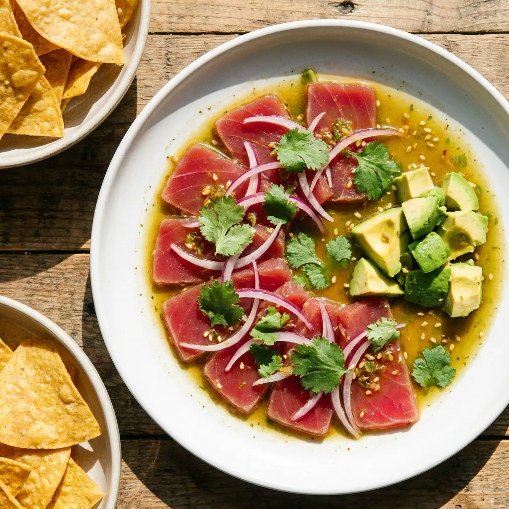 Top-down food photography of a vibrant, fresh ahi tuna aguachile. Thin slices of bright red tuna are beautifully arranged on a white ceramic plate, topped with thinly sliced red onions, fresh cilantro leaves, and chunks of creamy avocado. Served with golden, crispy tortilla chips on the side. Bright, summery aesthetic.