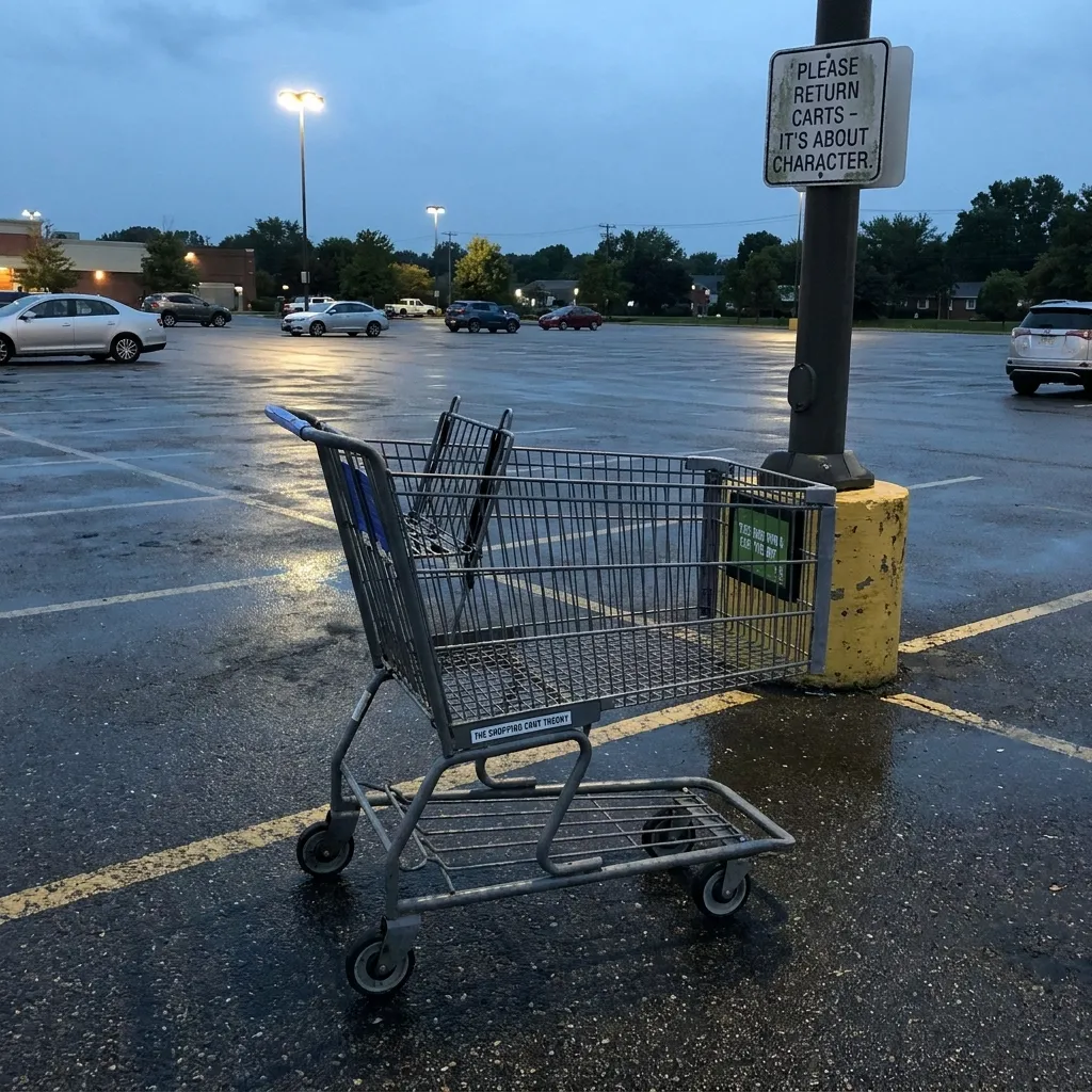 Abandoned shopping cart in a wet grocery store parking lot next to a pole sign reading please return carts it's about character.