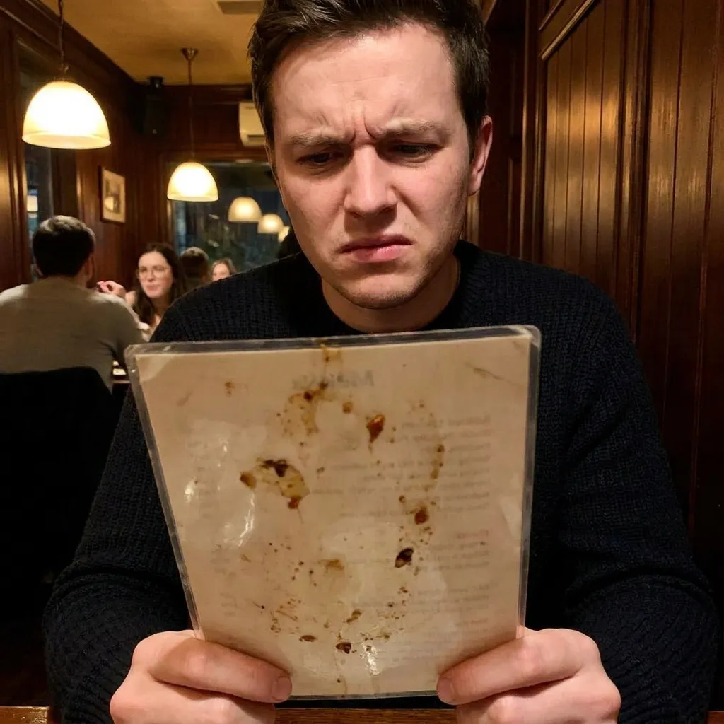 A frustrated diner looking at a dirty, sticky menu, illustrating common restaurant red flags.