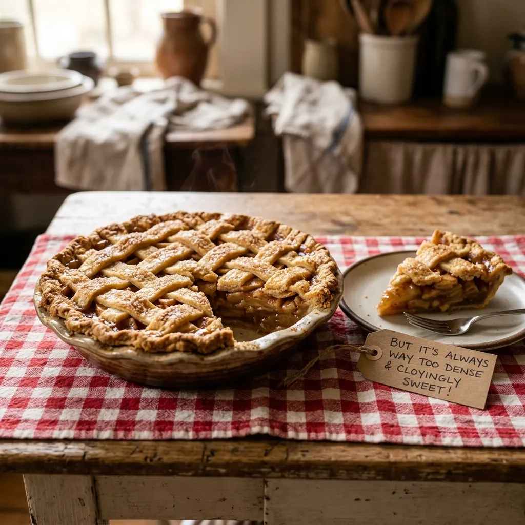 A freshly baked apple lattice pie sitting on a rustic checkered cloth, representing the popular desserts people actually hate.