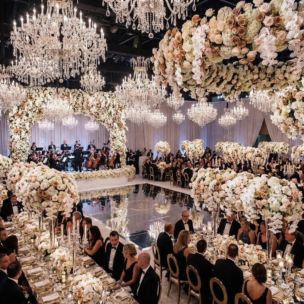 A lavishly decorated arena floor transformed into a dream luxury wedding reception with crystal chandeliers and massive floral installations.]