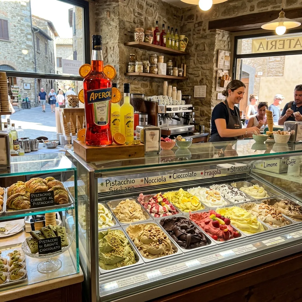 A colorful display case filled with artisan Italian gelato flavors in an authentic gelateria.