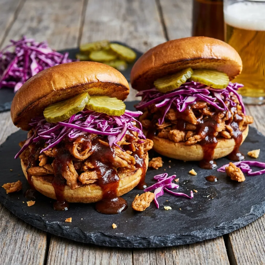 Two mouth-watering, messy BBQ pulled "pork" sandwiches made with soy curls, overflowing from toasted brioche buns. The "meat" is smothered in a rich, dark barbecue sauce and topped with a vibrant purple cabbage slaw and sliced dill pickles. The sandwiches are sitting on a dark slate plate.
