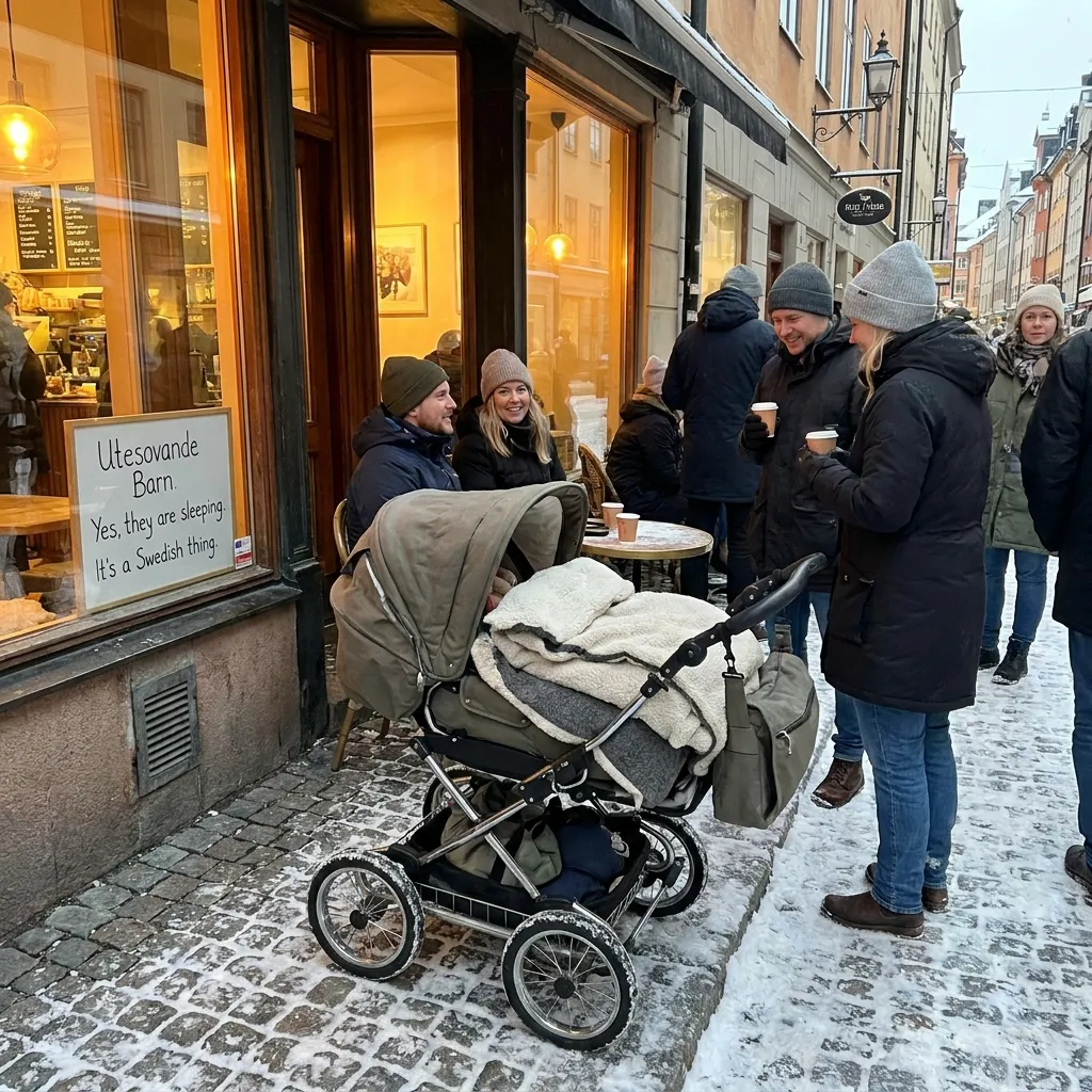 Baby stroller parked safely outside a snowy cafe in sweden highlighting a surprising cultural norm