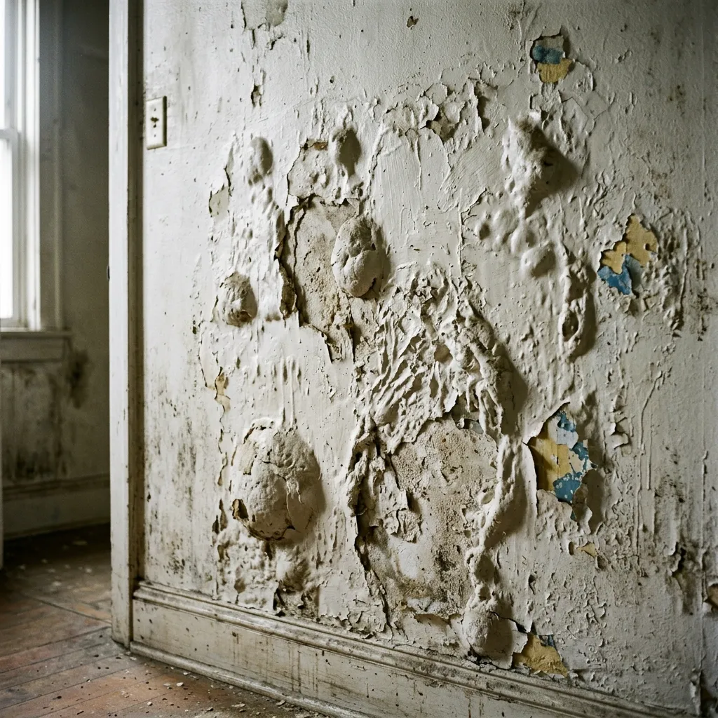 A badly painted wall featuring weird lumpy textures protruding from behind the paint