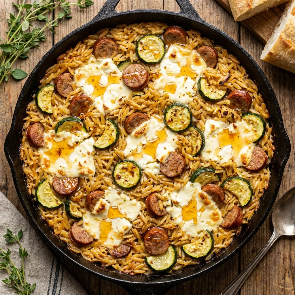 An overhead shot of a large cast-iron skillet filled with a bubbling, golden-brown baked orzo dish. The pasta is mixed with slices of savory sausage, vibrant green summer zucchini, and generous chunks of melted feta cheese. A subtle drizzle of hot honey glistens on top.