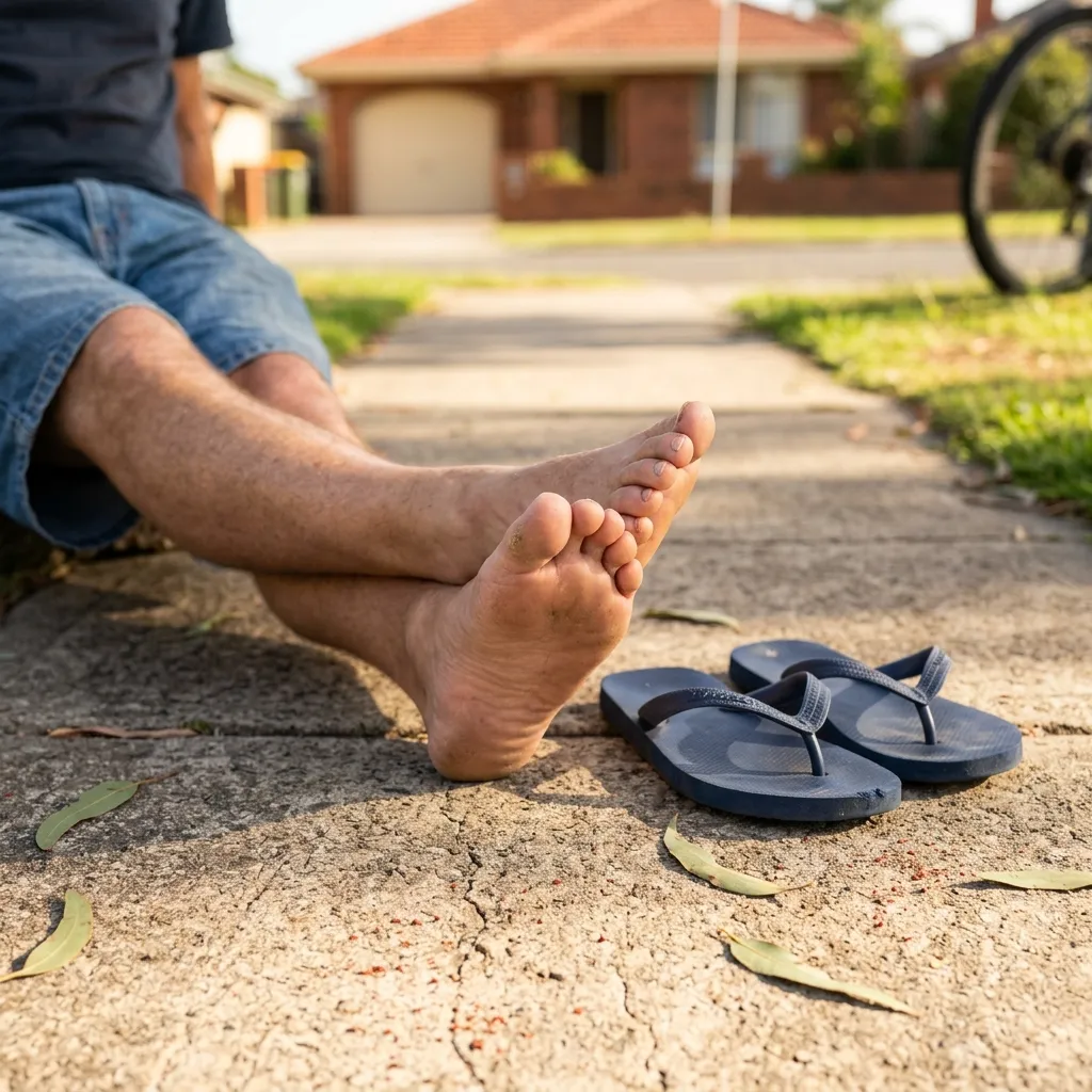Close-up of bare feet on a sunny pavement capturing a classic Australian casual lifestyle habit.