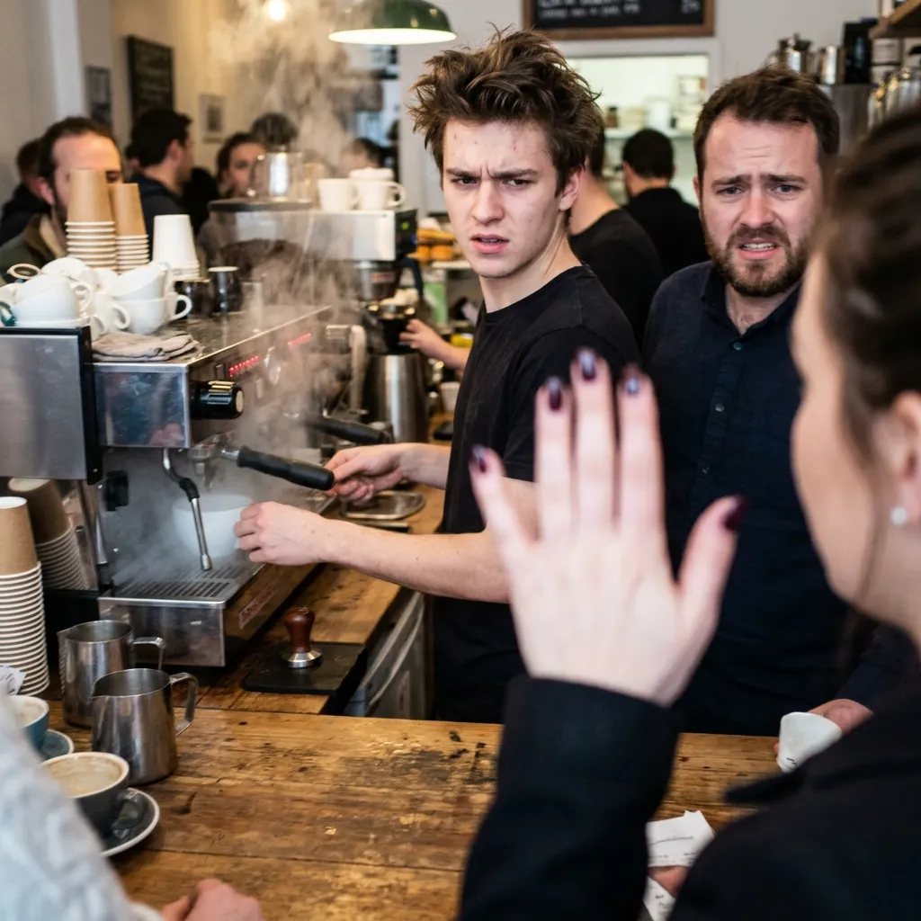 An overwhelmed and stressed young male barista with messy hair operates an espresso machine in a crowded coffee shop while a customer in the foreground raises a hand to demand his attention.