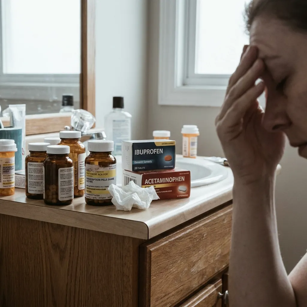 A bathroom counter filled with prescription medications that failed to provide relief before the author tried leech therapy for chronic migraines.