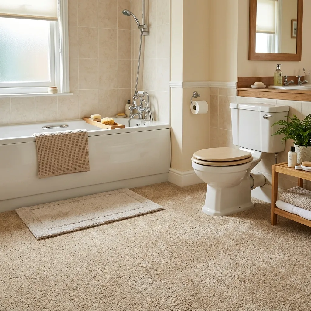 A bathroom floor covered entirely in beige carpet next to a bathtub and toilet