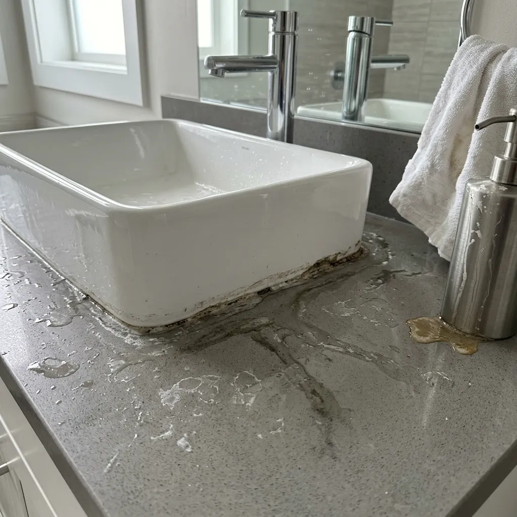 A modern bathroom vessel sink showing water splashed on the counter and grime building up at the base