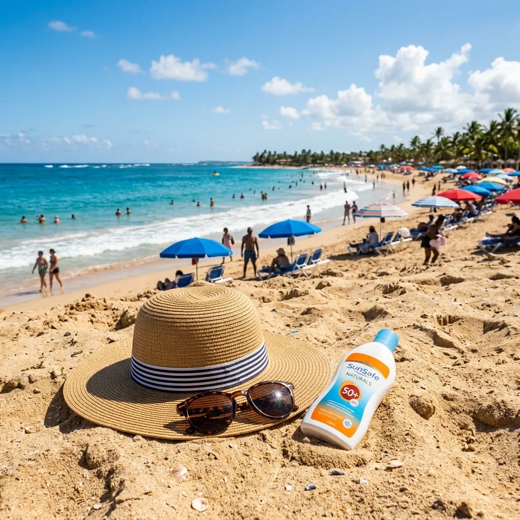 Sunscreen and sunglasses on a bright Australian beach emphasizing vital sun protection awareness.