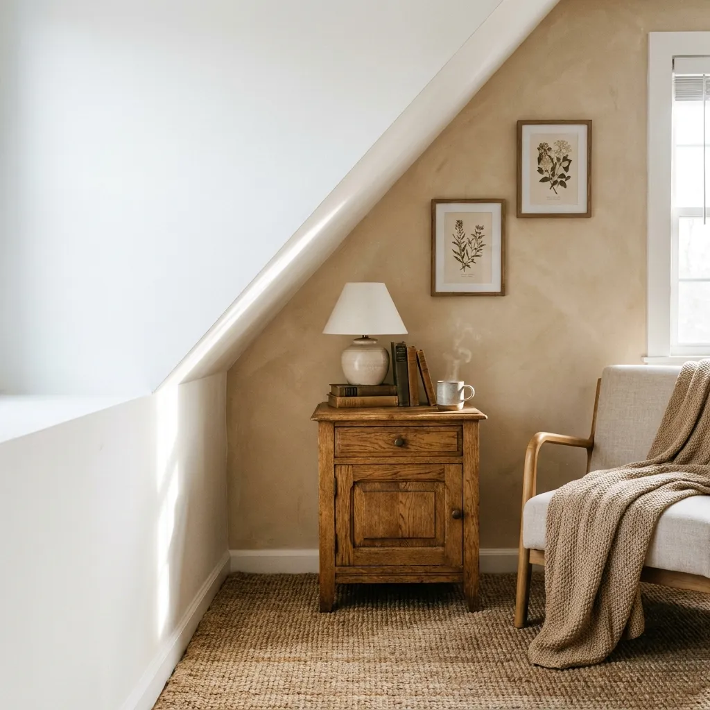 A cozy bedroom corner showing a transition from stark white walls to a warm beige wall with a vintage wooden nightstand.