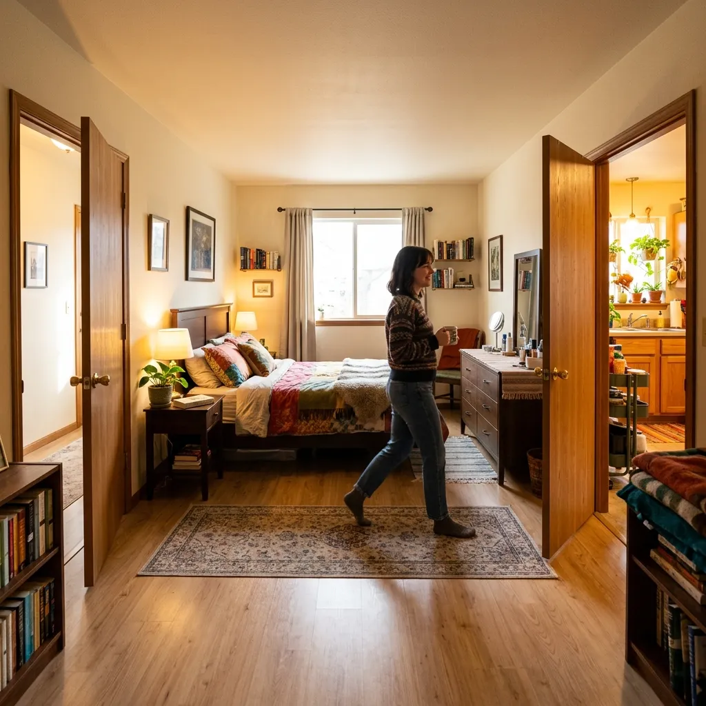 A bedroom layout where two doors face each other requiring people to walk through the room to get to the kitchen
