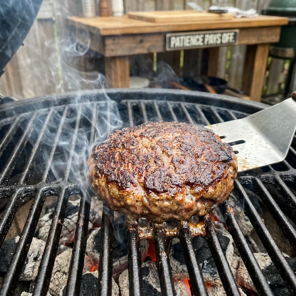 A sizzling beef burger patty on a hot barbecue grate developing a rich, dark brown caramelized crust, proving why patience prevents the biggest burger grilling mistakes