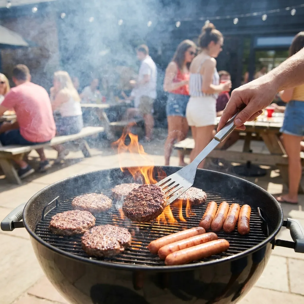 Sizzling beef burgers and hot dogs being flipped with a spatula on a smoking backyard charcoal grill during a sunny summer barbecue