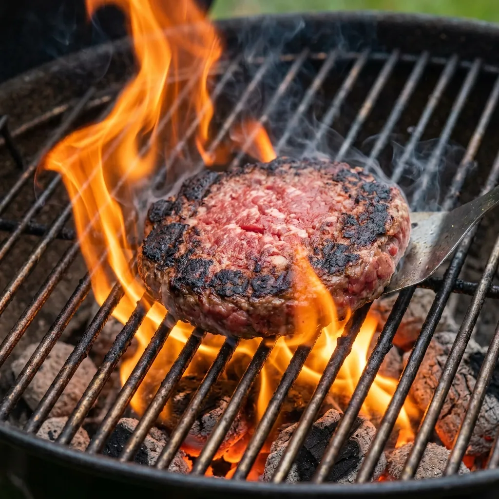 A close-up of a raw beef patty overcooking on a hot outdoor barbecue grill with flames roaring underneath, showcasing one of the biggest burger grilling mistakes