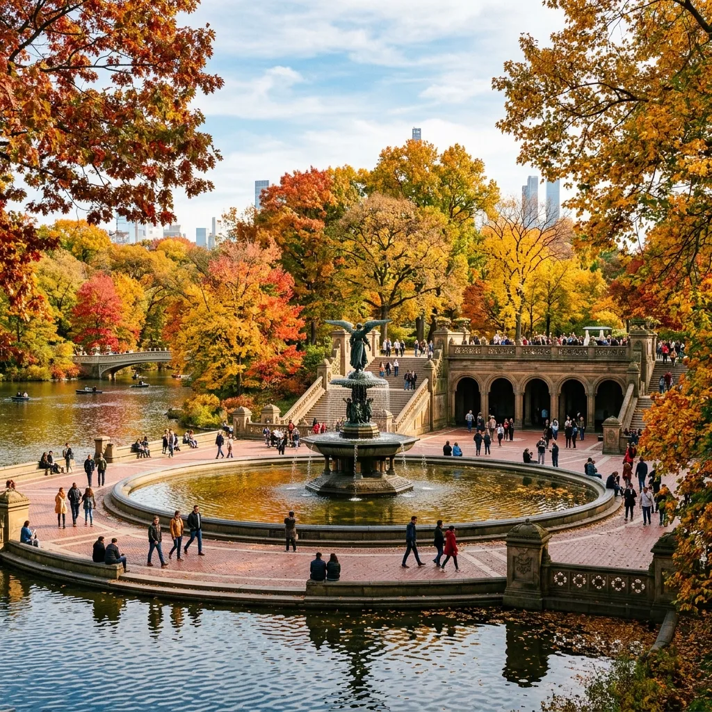 Bethesda Terrace and Fountain surrounded by autumn foliage in Central Park New York.
